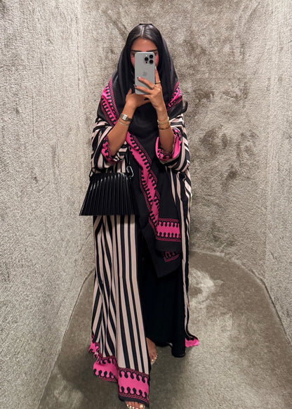 FAB320-Fuchia Black & Light Beige Striped Half Bisht-Cut Abaya with Neon border print