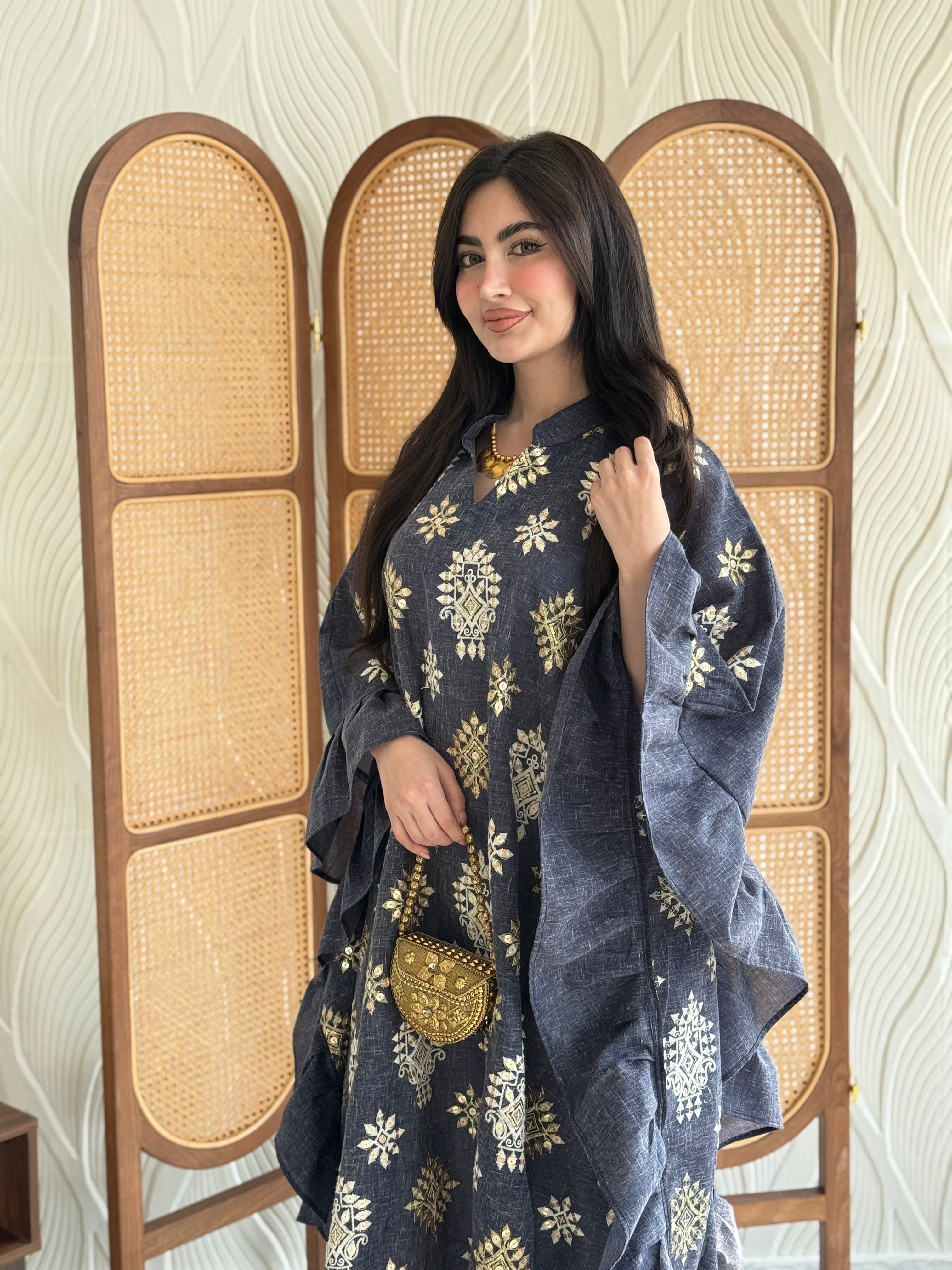 FAB271-Grey Linen Embroidered Butterfly-Cut Jalabiya with Ruffled Sleeves