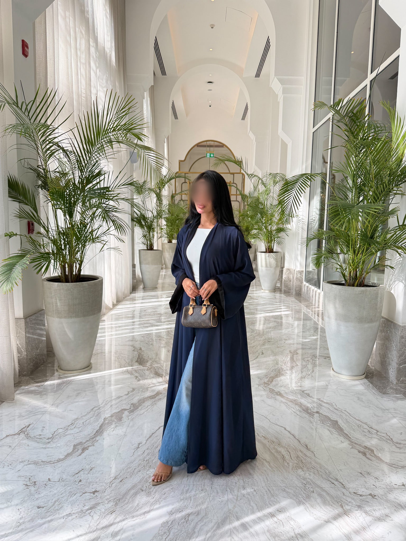 FAB330-Blue Basic Light Stripped Printed Klosh Abaya Set