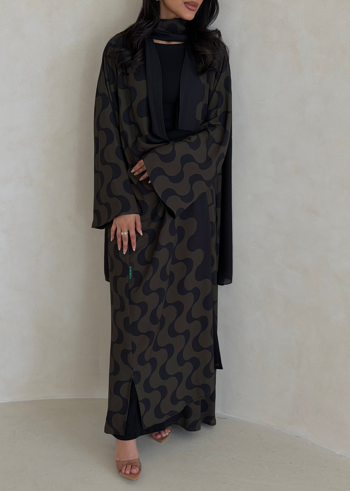 FAB343- Dark Olive and Black Waves Printed Straight-Cut Abaya and matching headscarf