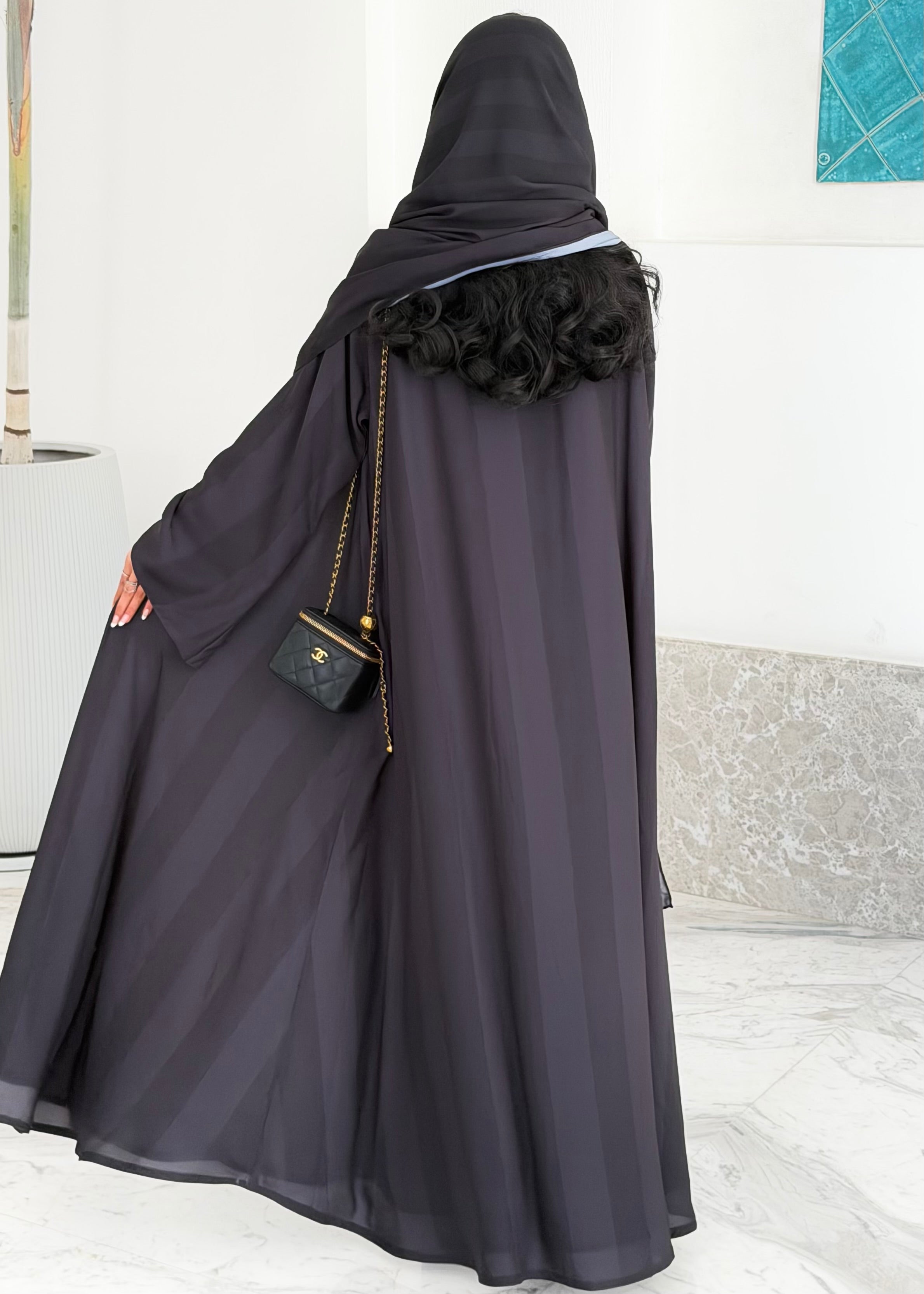 FAB333-Black Basic Light Stripped Printed Klosh Abaya Set