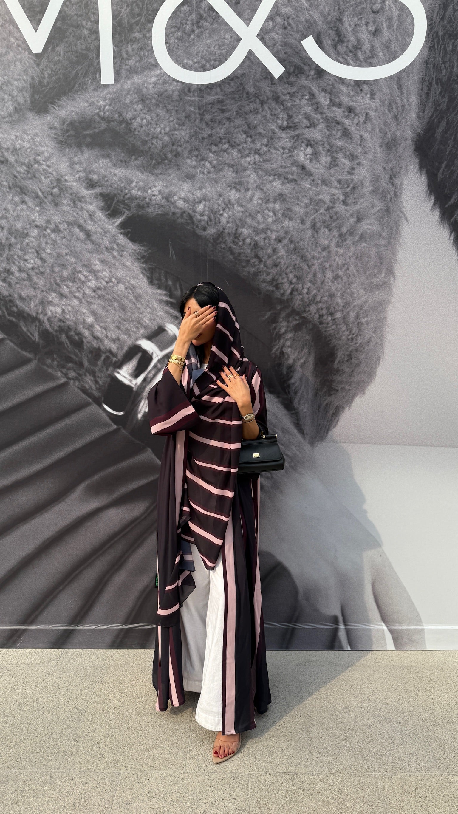FAB304- Black/Maroon Striped Print Chiffon Silk A-Cut Abaya Set