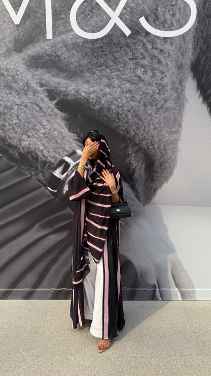 FAB304- Black/Maroon Striped Print Chiffon Silk A-Cut Abaya Set