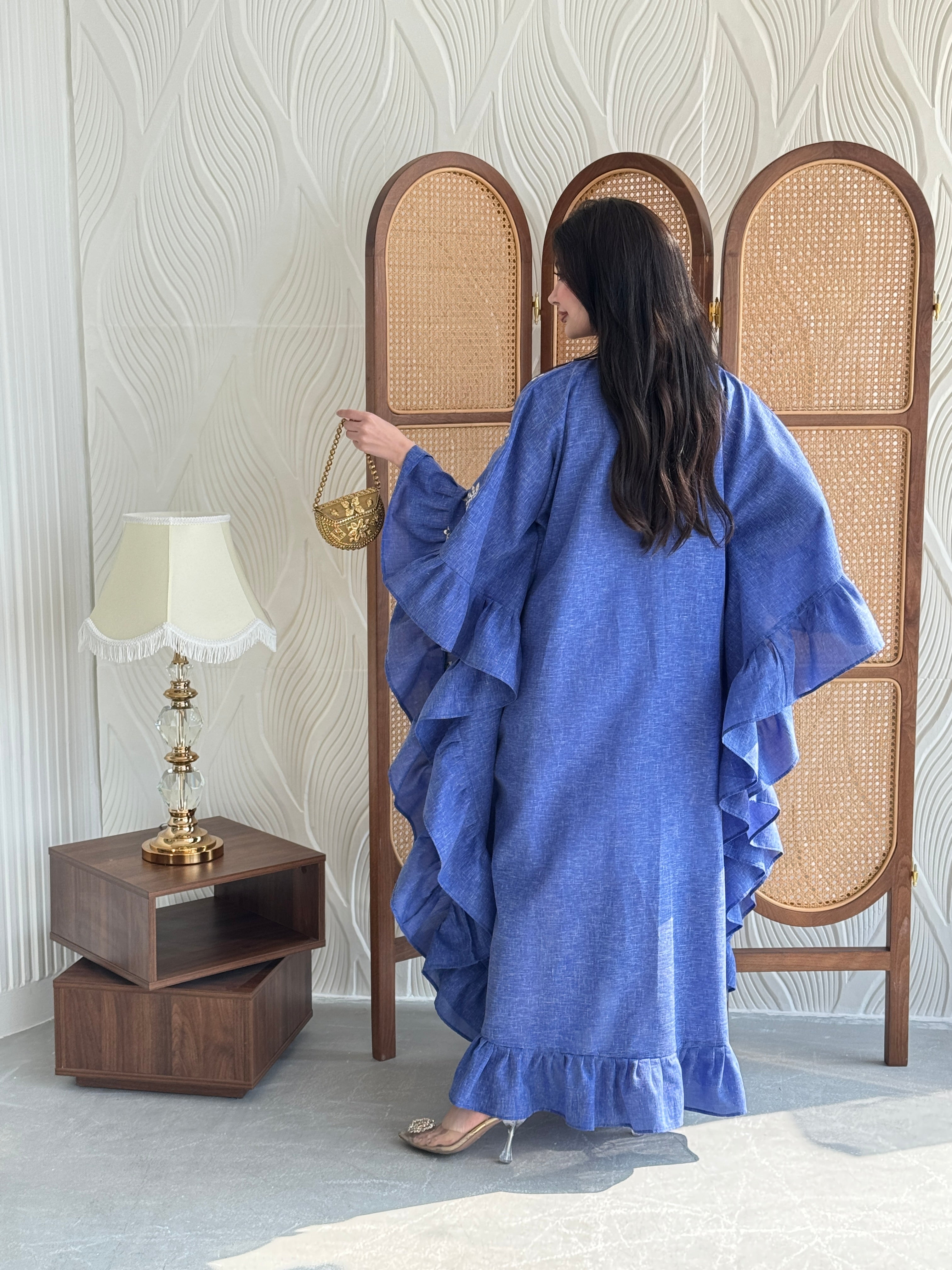FAB273-Blue Linen Embroidered Butterfly-Cut Jalabiya with Ruffled Sleeves