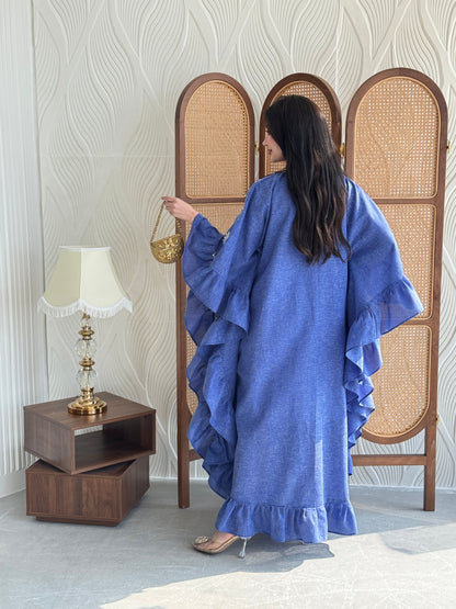 FAB273-Blue Linen Embroidered Butterfly-Cut Jalabiya with Ruffled Sleeves