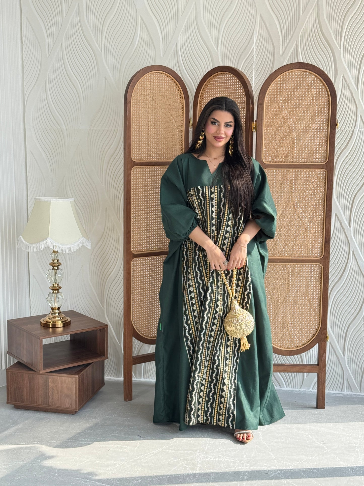 FAB266- Green free-size linen jalabiya with elegant gold embroidery