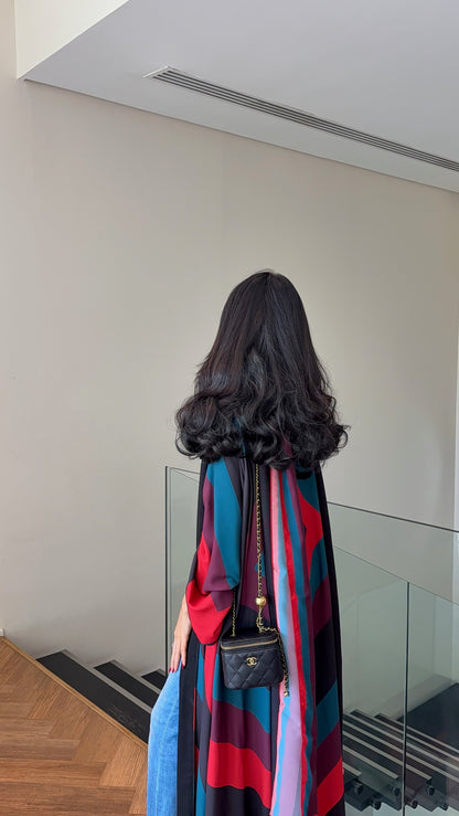 FAB327- Red blue printed rainbow straight-cut abaya with matching headscarf