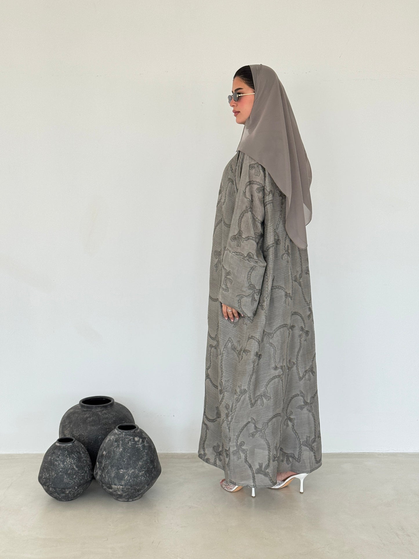 FAB217- Beige Ribbon Embroidery Linen Abaya with headscarf