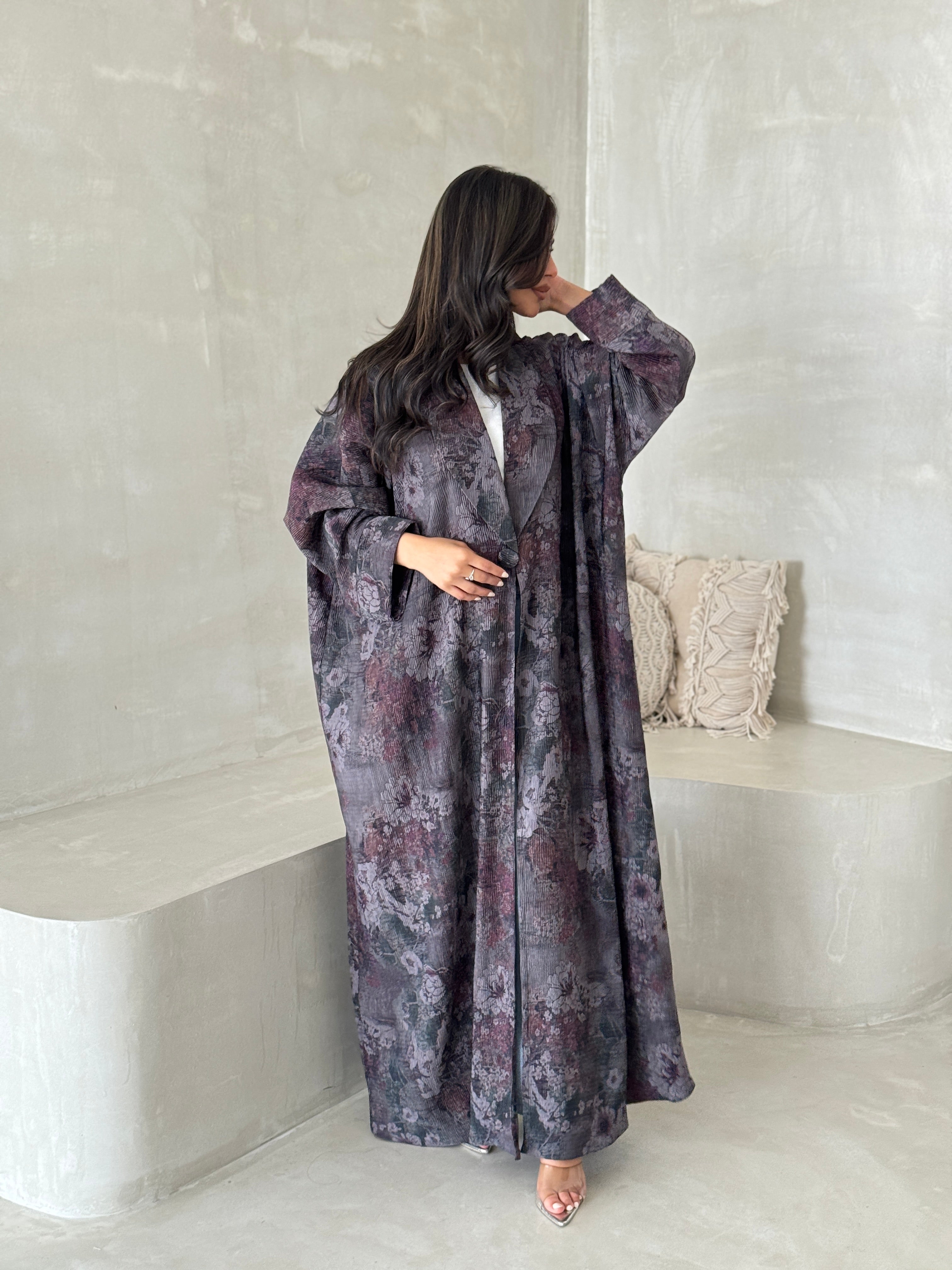 FAB199-Grey Pleats Half-Bisht Summer Abaya with matching headscarf