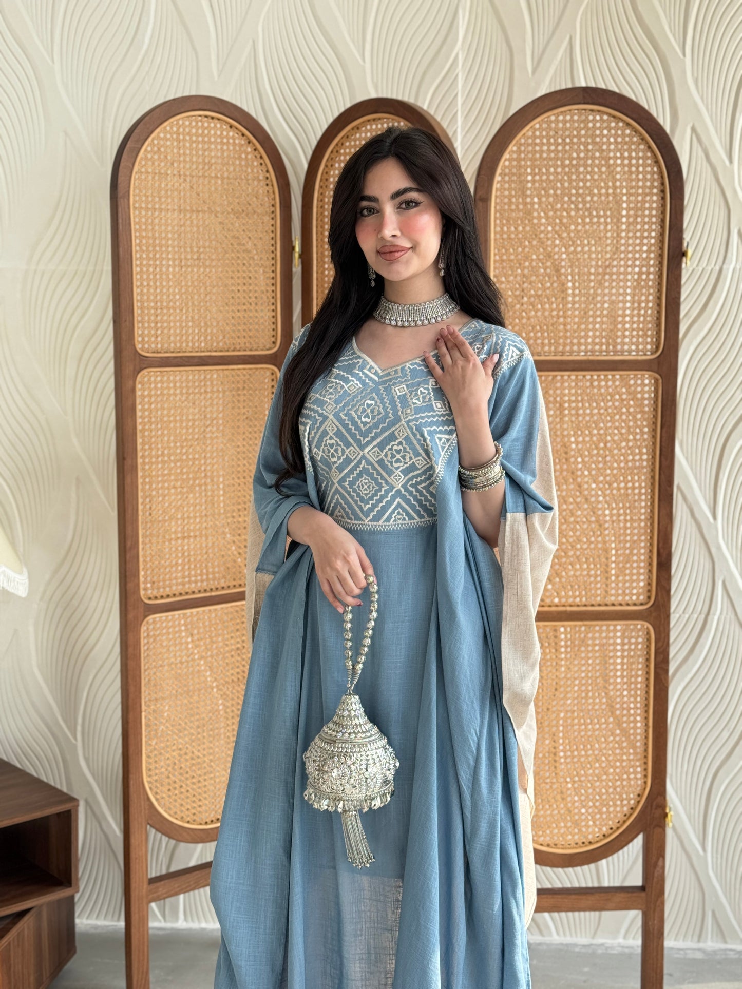 FAB252- Blue Beige Two-sided embroidered Linen butterfly cut jalabiya