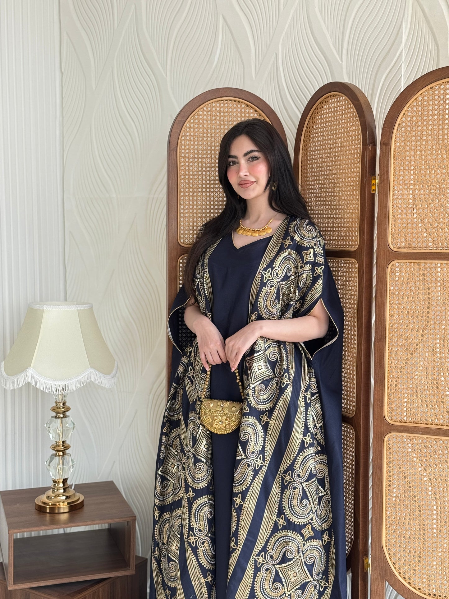 FAB276-Navy Two-Piece Linen Bisht Set, Detailed with Elegant Gold Embroidery
