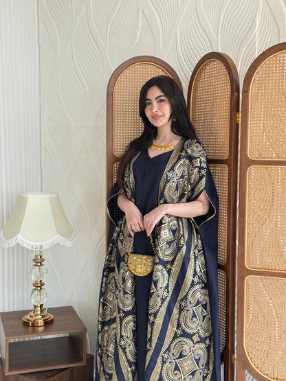 FAB276-Navy Two-Piece Linen Bisht Set, Detailed with Elegant Gold Embroidery
