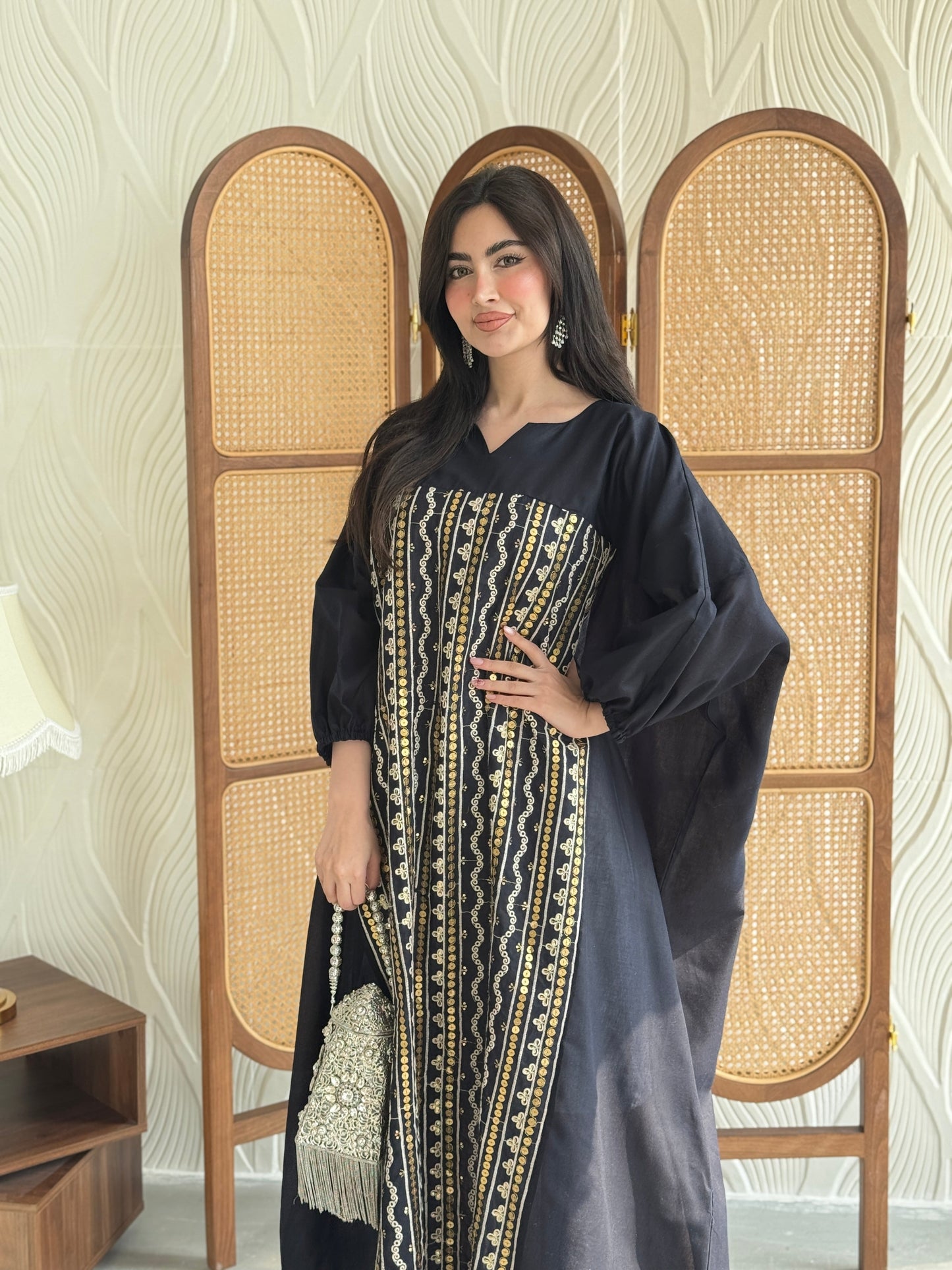 FAB265- Navy free-size linen jalabiya with elegant gold embroidery