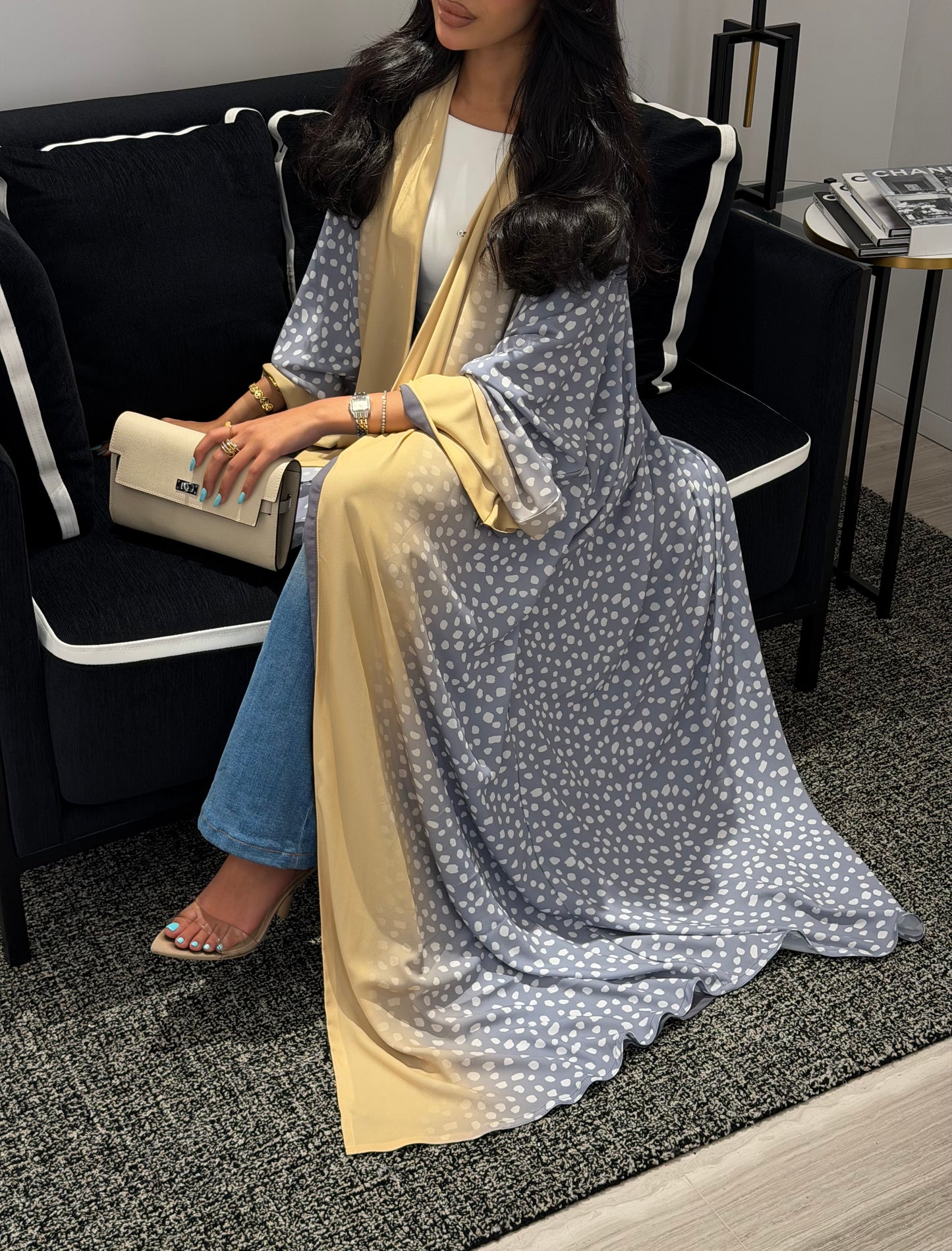 FAB322- Ghazal A-Cut Printed Abaya Set in Grey and Yellow color