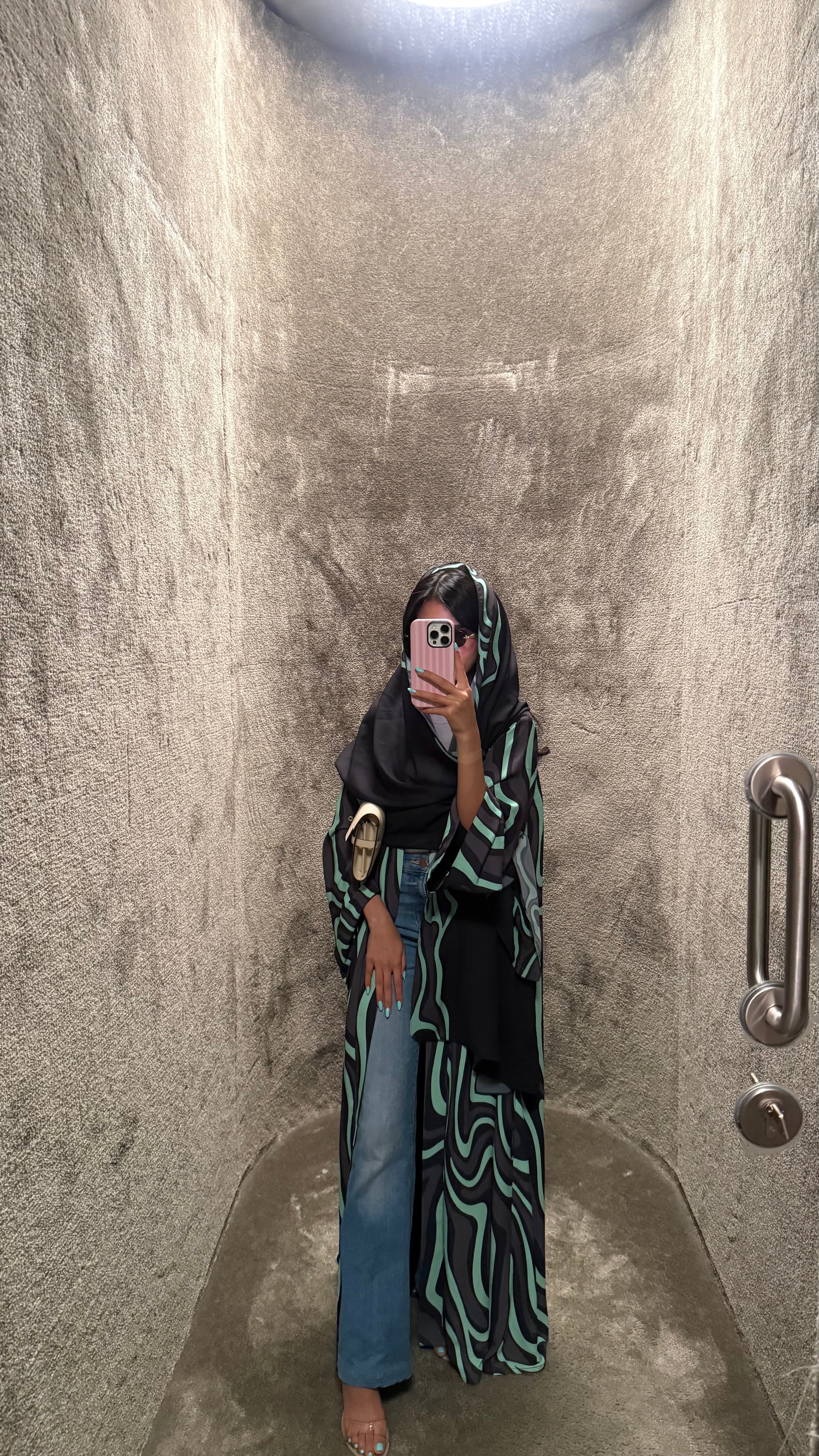 FAB323-Tiffany & Black Printed Abaya and Headscarf – Straight Cut