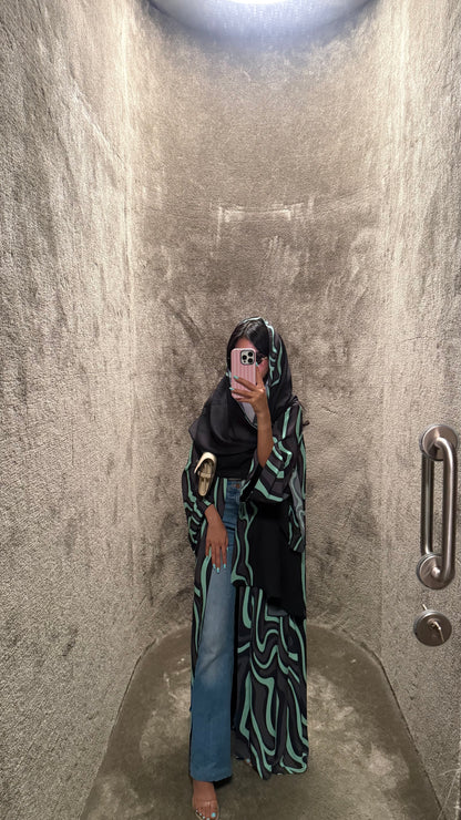 FAB323-Tiffany & Black Printed Abaya and Headscarf – Straight Cut