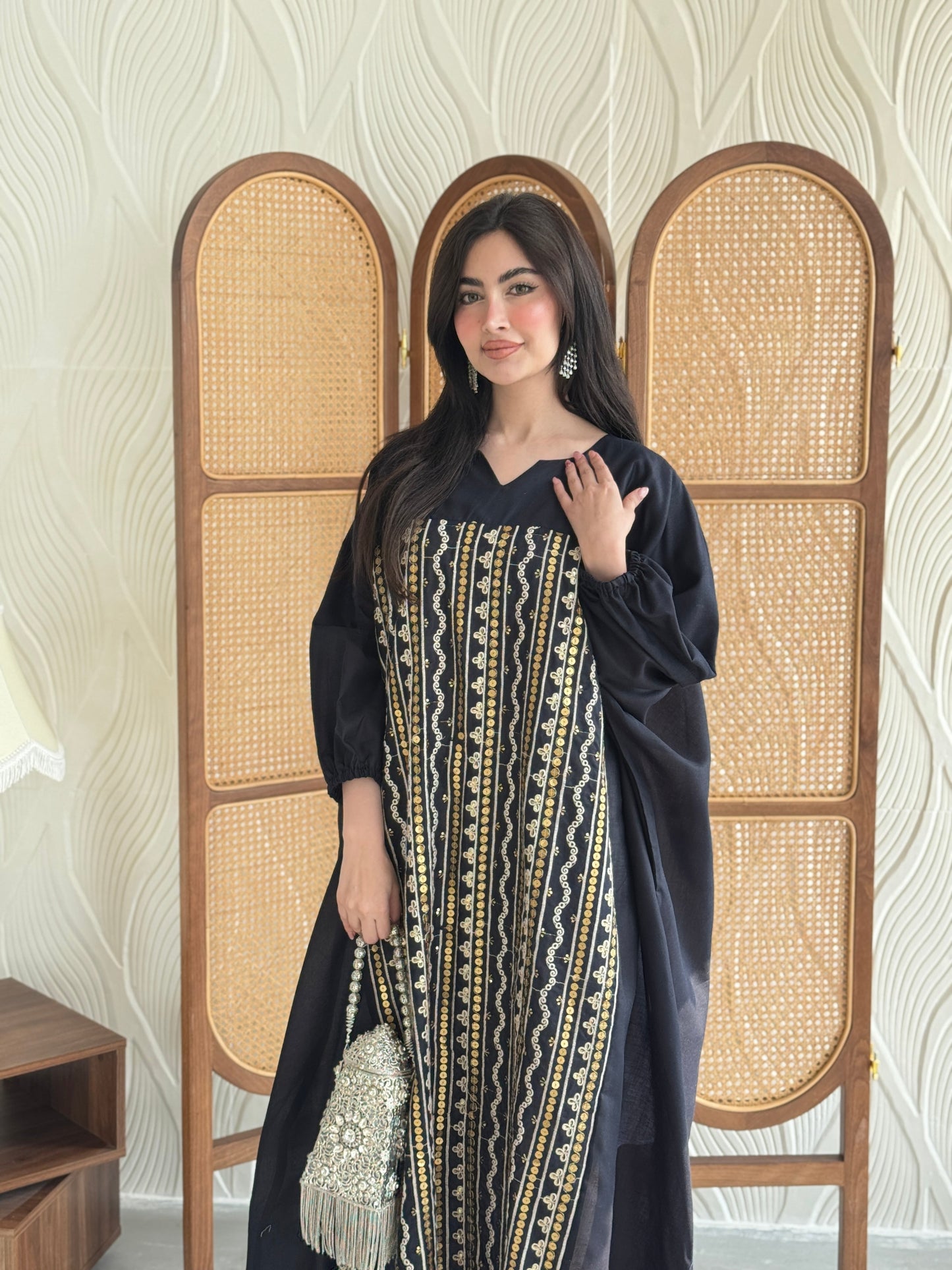 FAB265- Navy free-size linen jalabiya with elegant gold embroidery