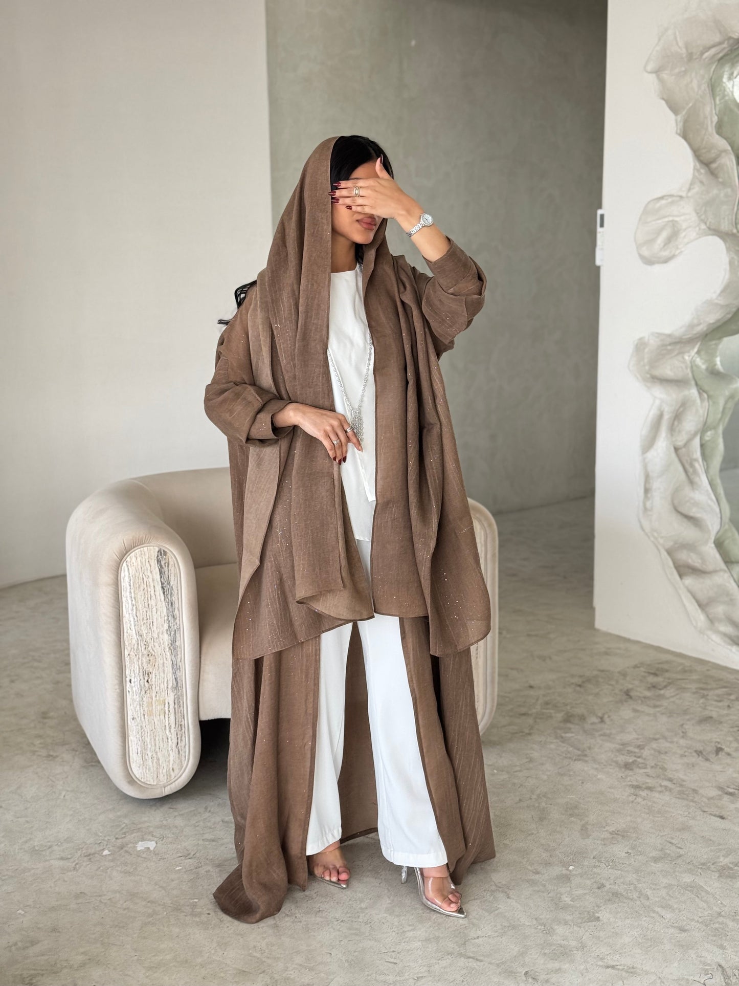 FAB170- Camel Linen Glitter A-Cut Abaya Set