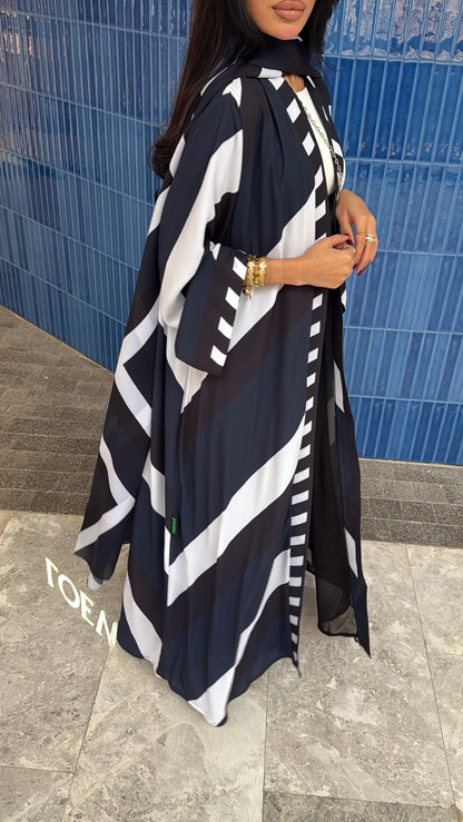 FAB303- Blue & Black Print Chiffon Silk A-Cut Abaya Set