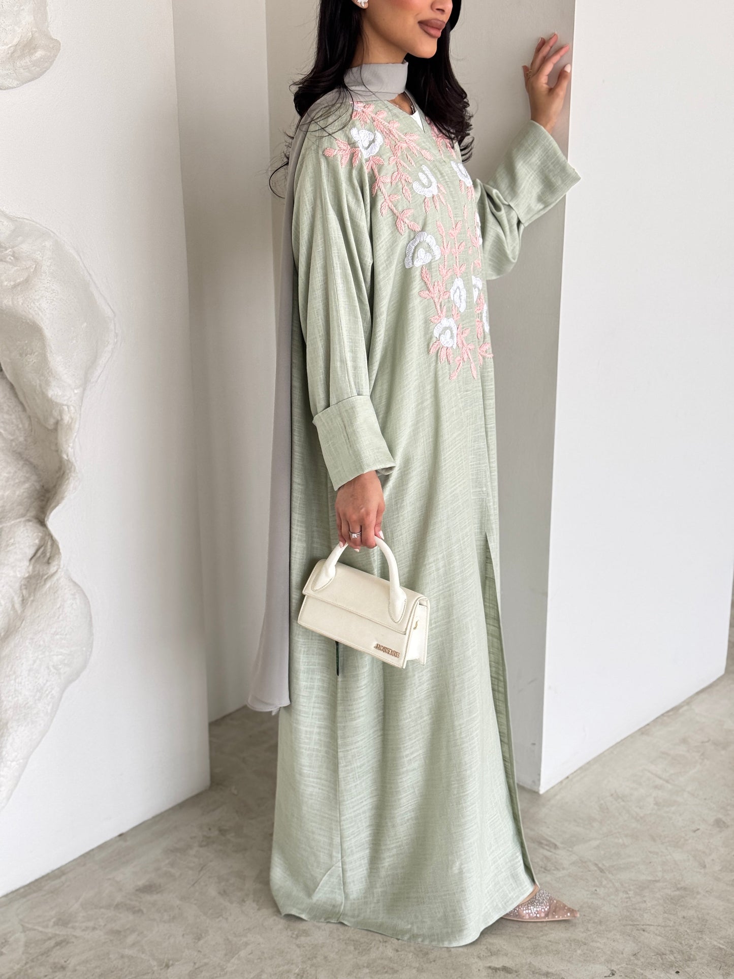 FAB187- Light Green Summer Linen - Half-bisht cut Abaya