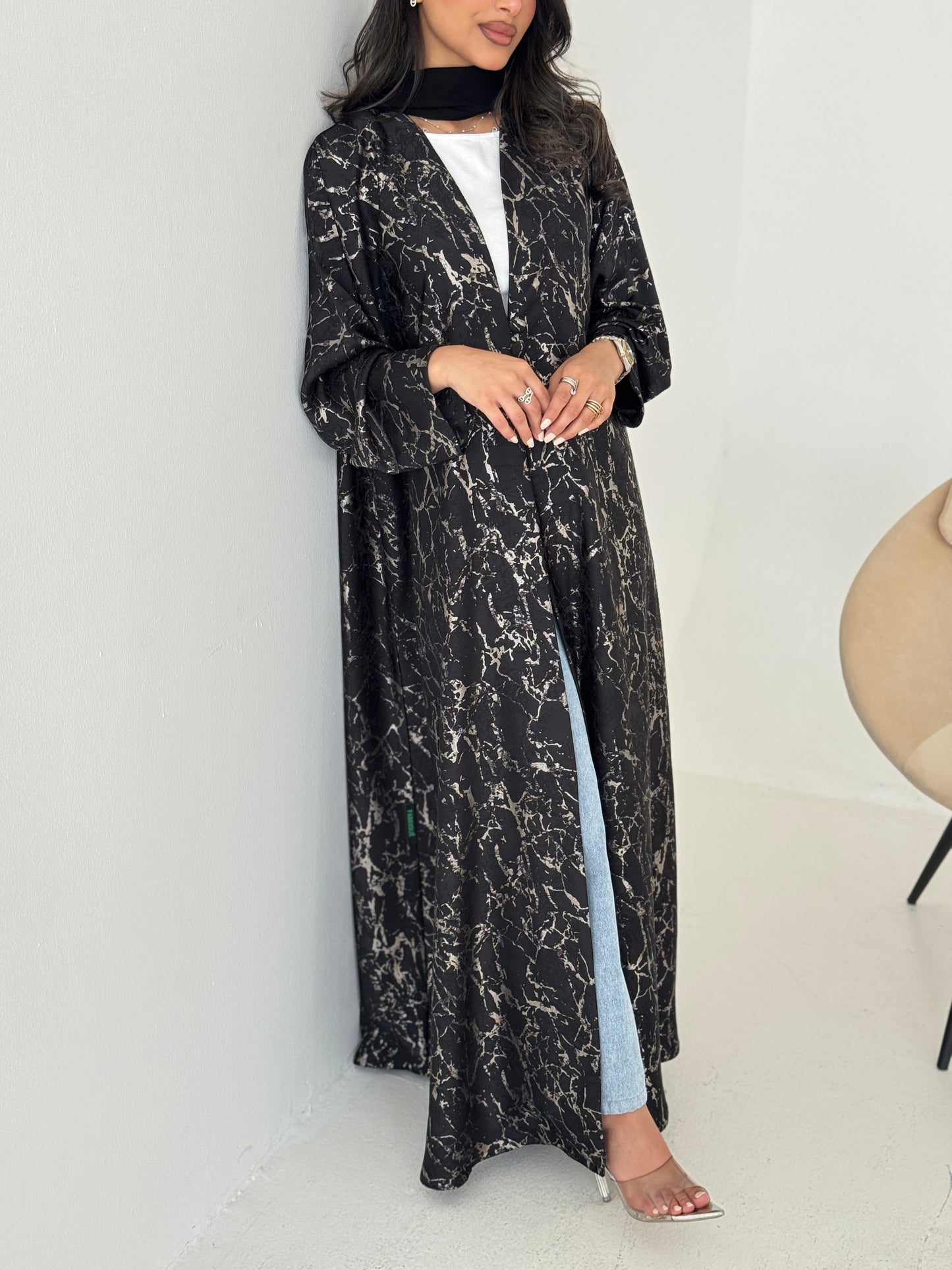 FAB206-Elegant Black Metallic Crepe Silk A-Cut Abaya with headscarf