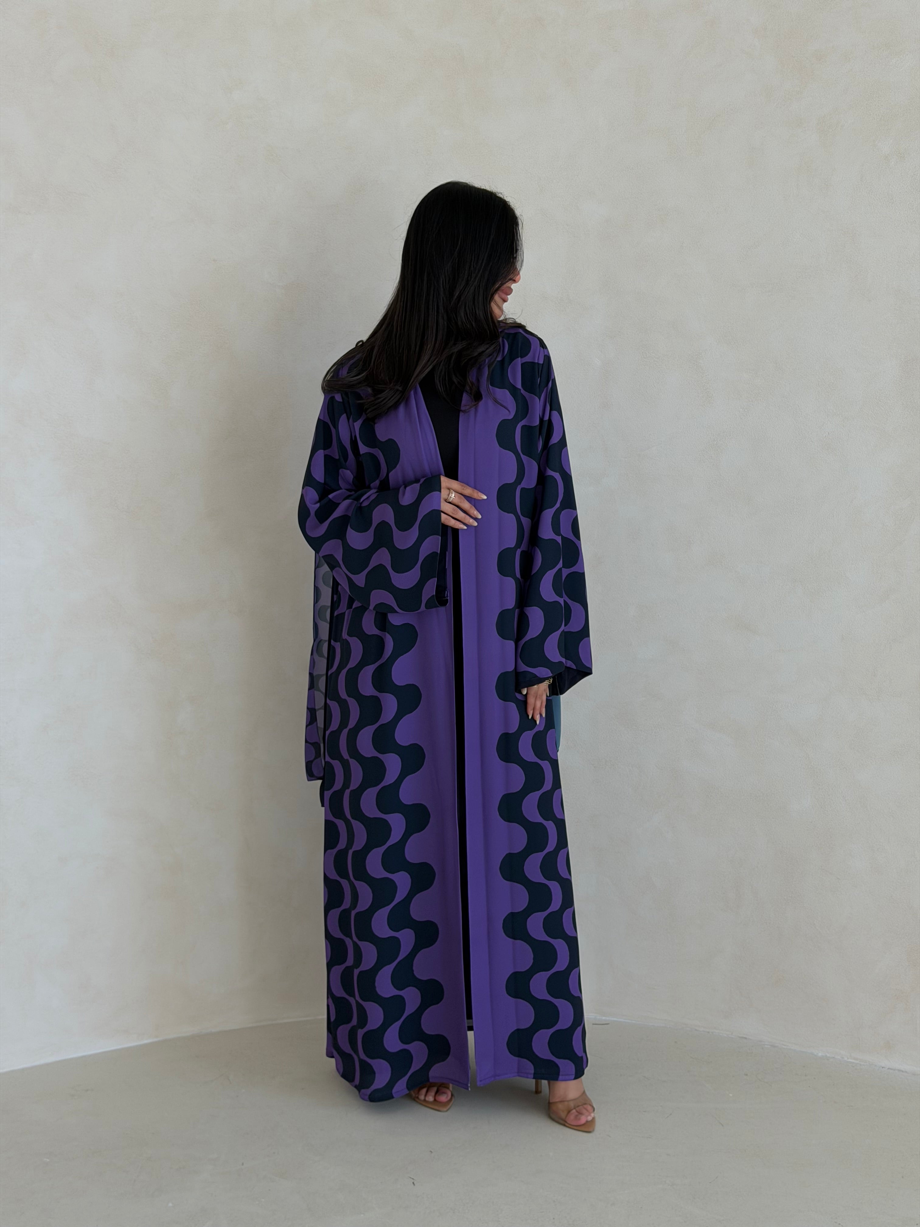 FAB345- Purple Blue Waves Printed Straight-Cut Abaya and matching headscarf