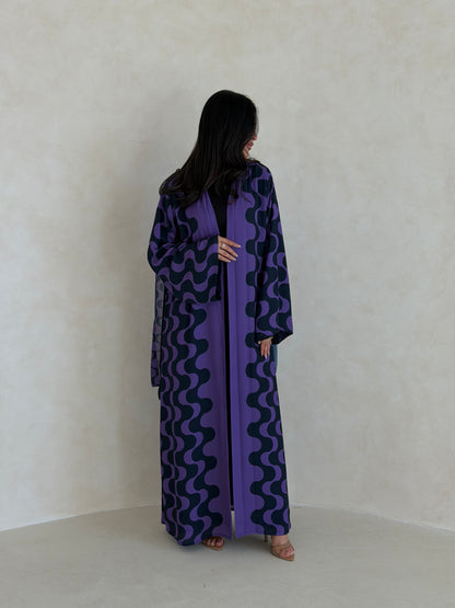 FAB345- Purple Blue Waves Printed Straight-Cut Abaya and matching headscarf