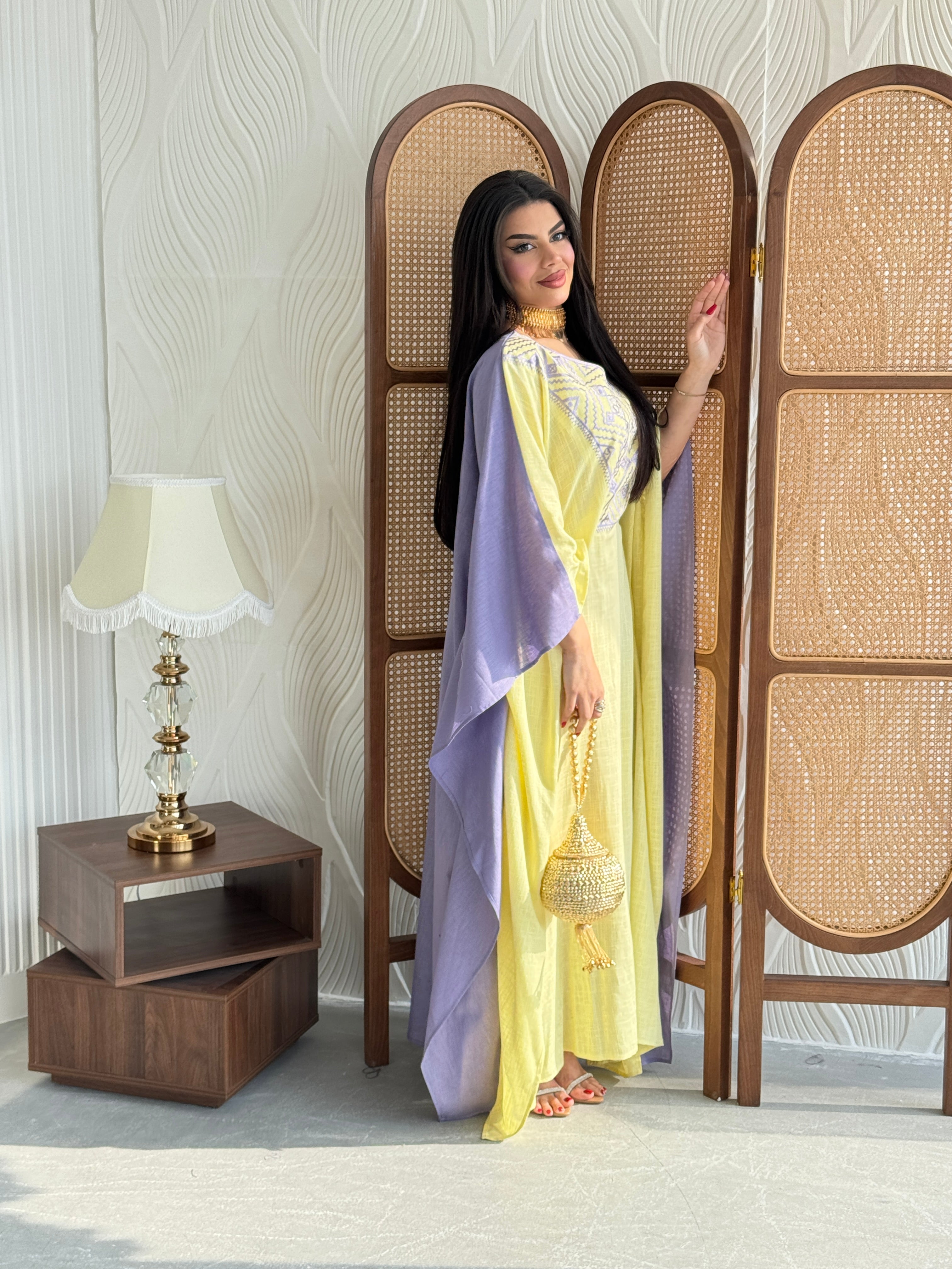 FAB255- Purple and Yellow Two-sided embroidered Linen butterfly cut jalabiya