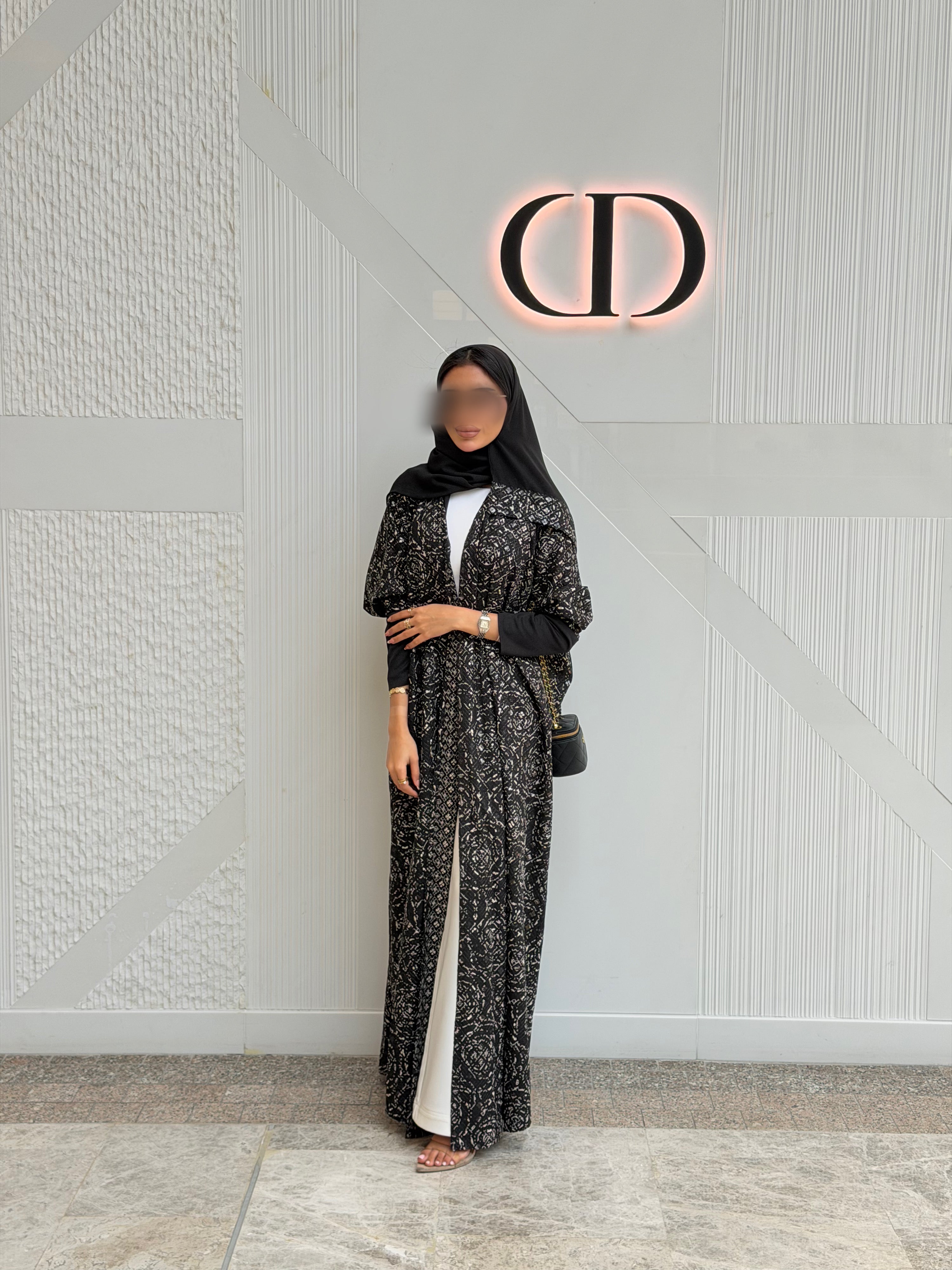 FAB340-Black White Embroidery Half-Bisht Cut Abaya with Fitted Black Stretch Sleeves and matching headscarf