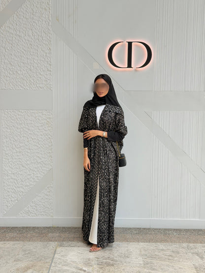 FAB340-Black White Embroidery Half-Bisht Cut Abaya with Fitted Black Stretch Sleeves and matching headscarf
