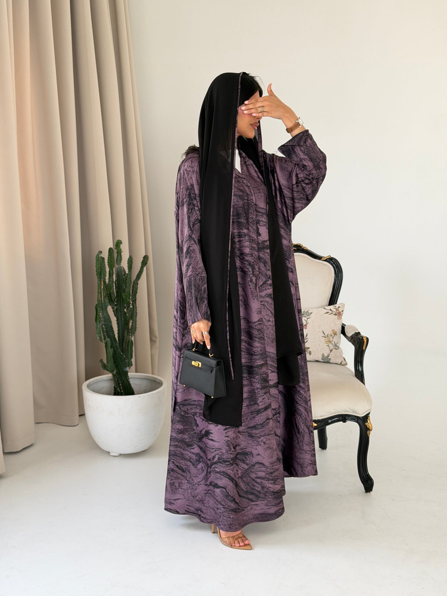 FAB287- Purple Marble Print - Crepe A-Cut Abaya with pipping headscarf