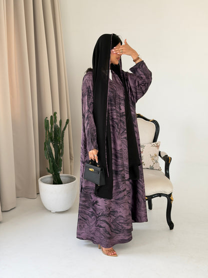 FAB287- Purple Marble Print - Crepe A-Cut Abaya with pipping headscarf