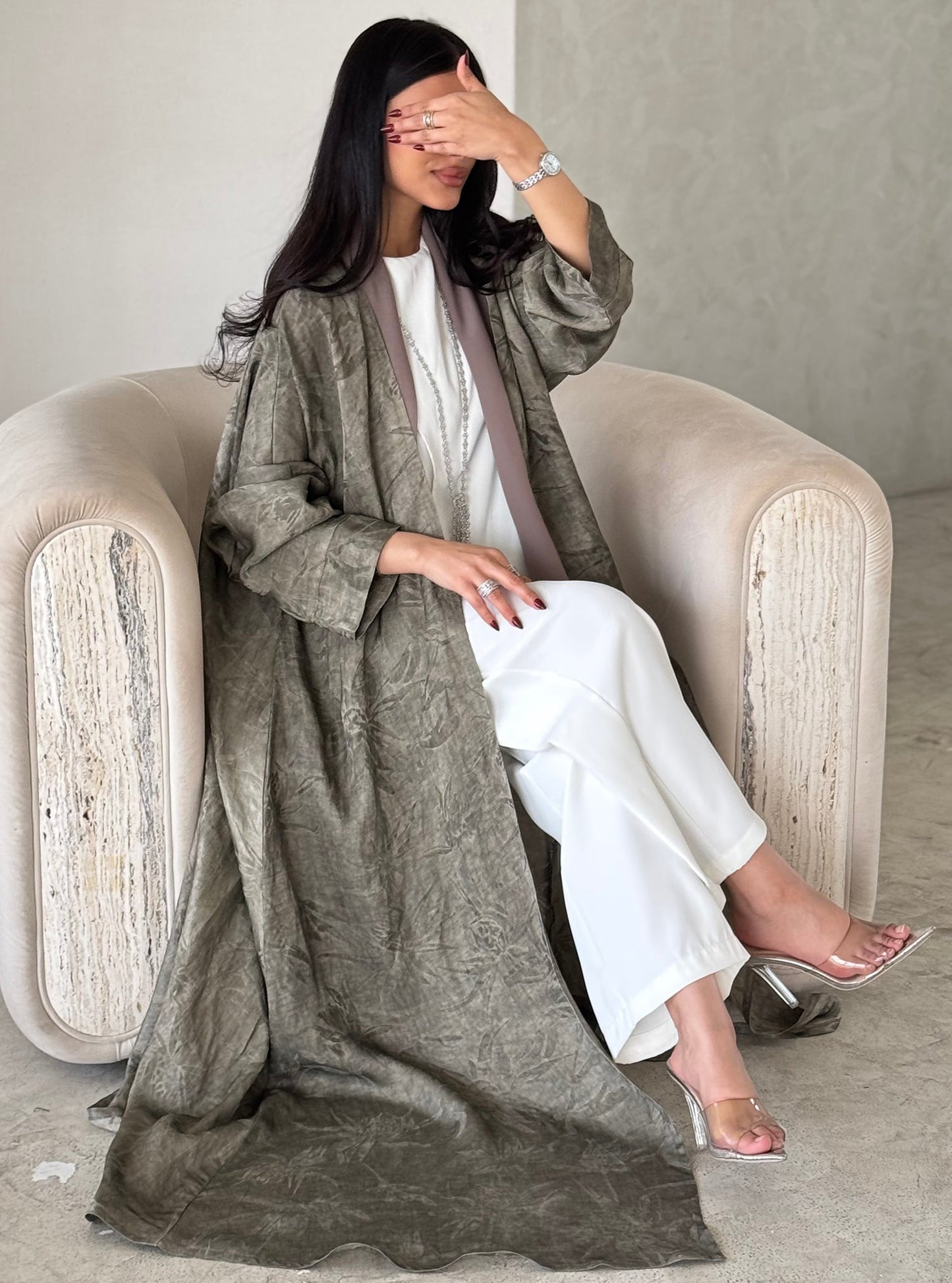 FAB164- Beige Jacquard Silk Abaya