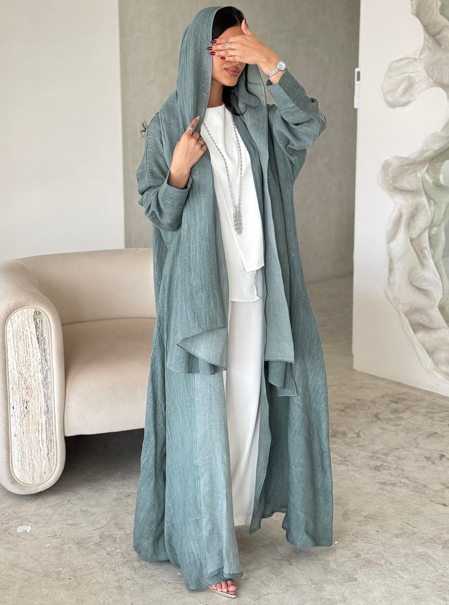 FAB166-Turqoise Glitter Linen A-Cut Abaya Set