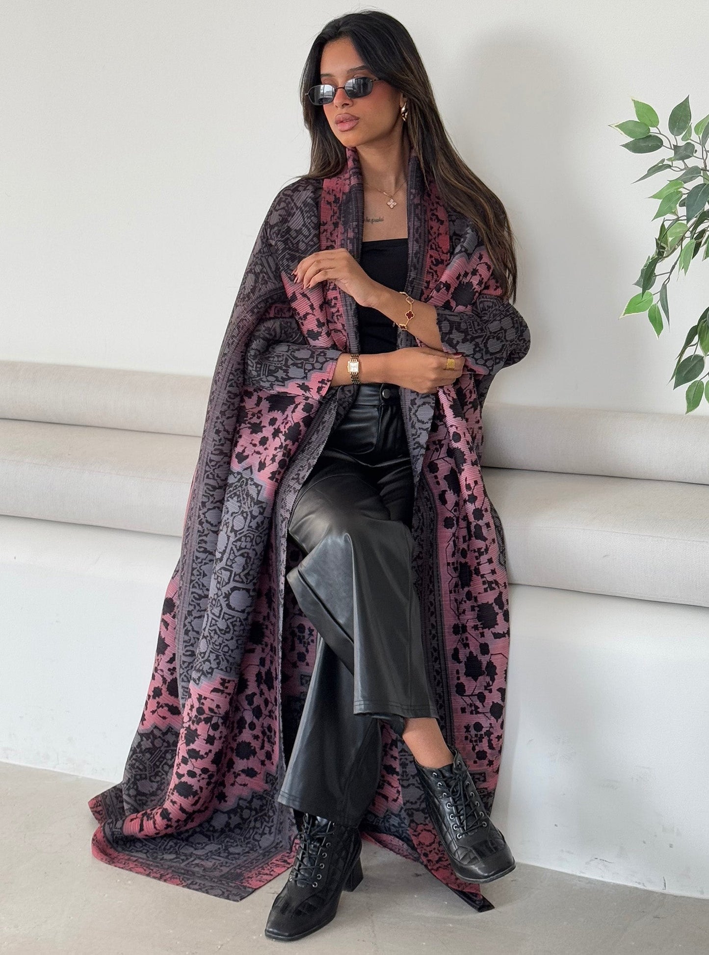 FAB127-Dark Mauve Bisht Pattern Abaya with headscarf