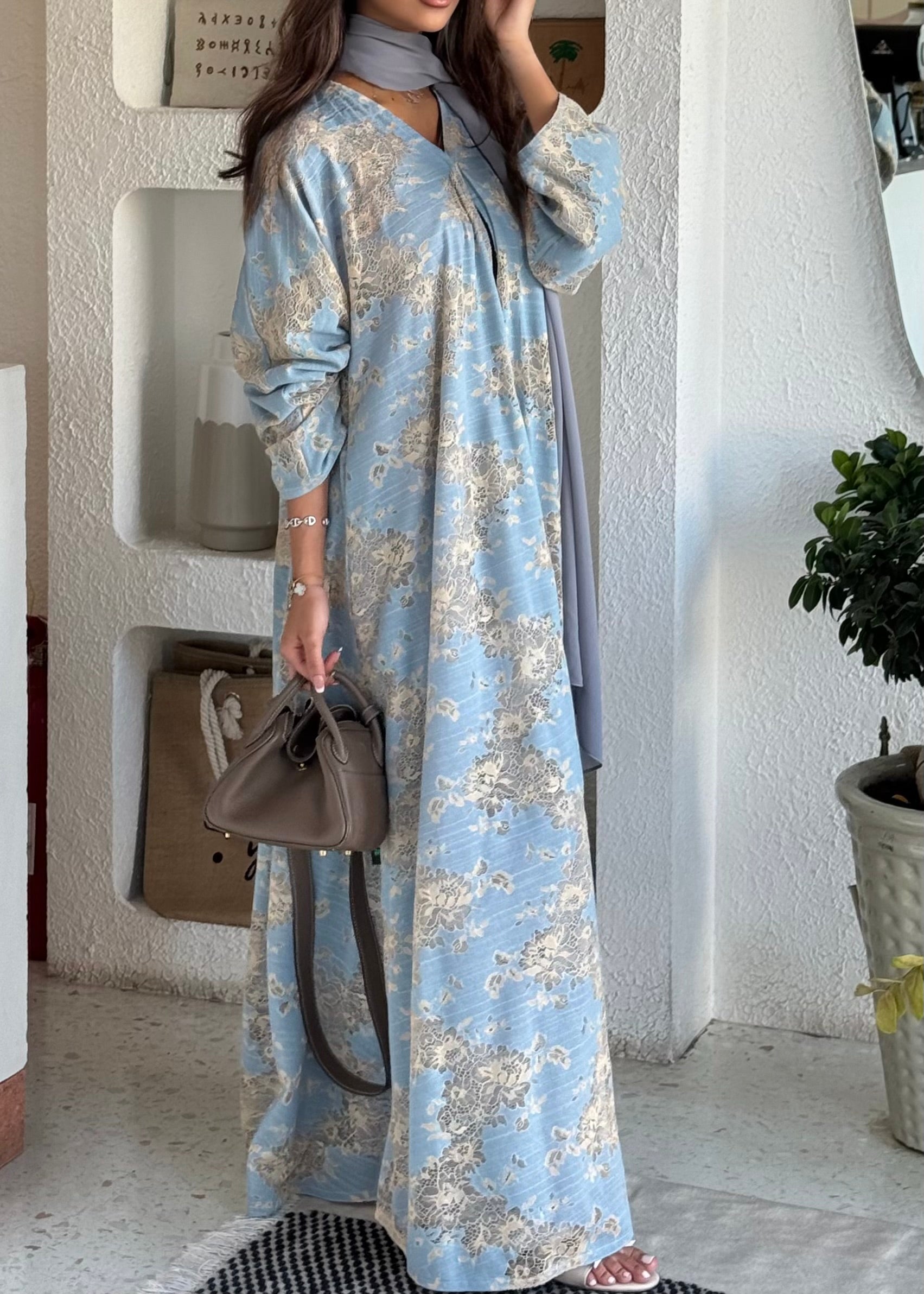 FAB300- Yellow and Blue Lace and Linen Summer A-Cut Abaya