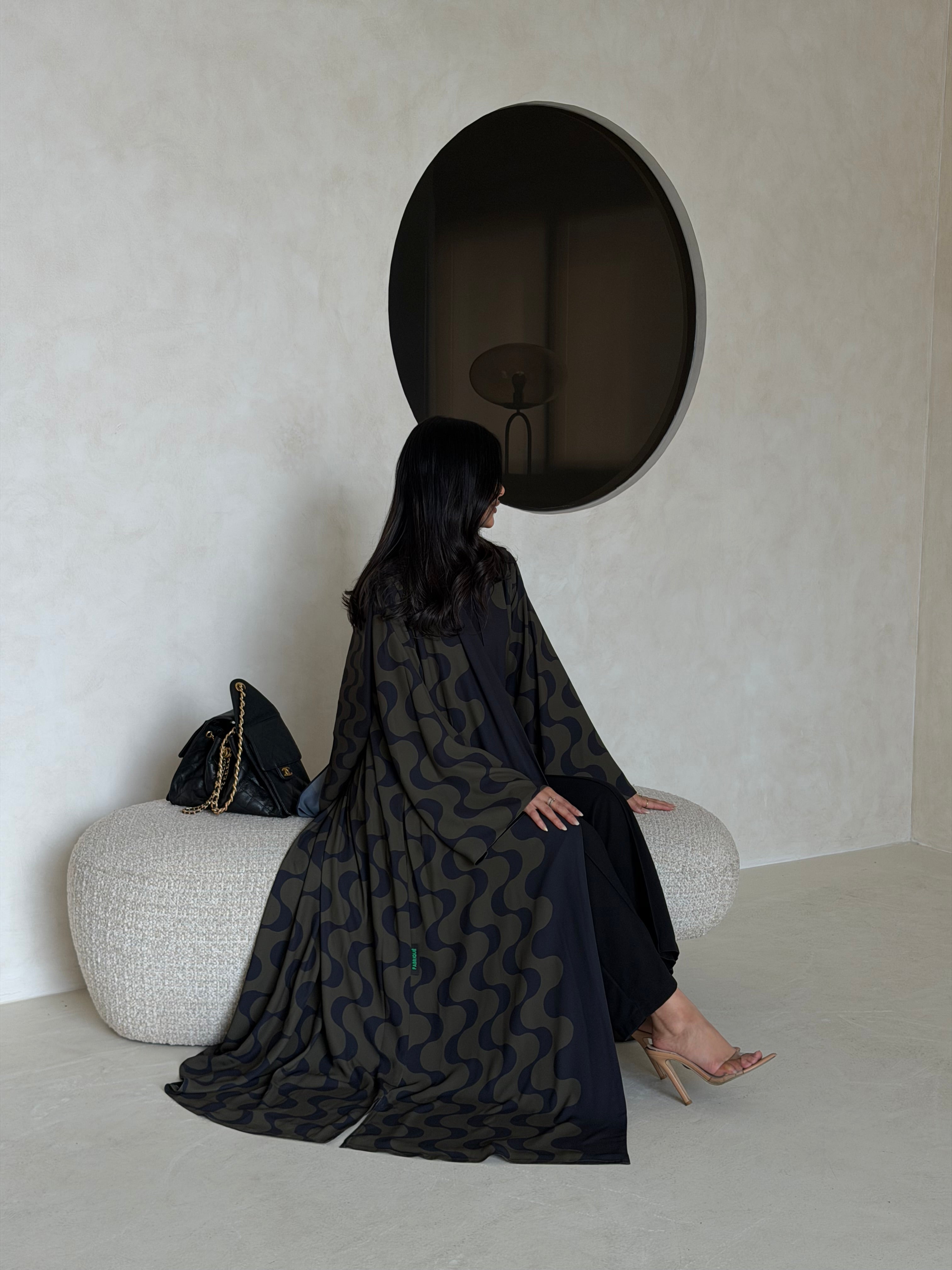 FAB343- Dark Olive and Black Waves Printed Straight-Cut Abaya and matching headscarf