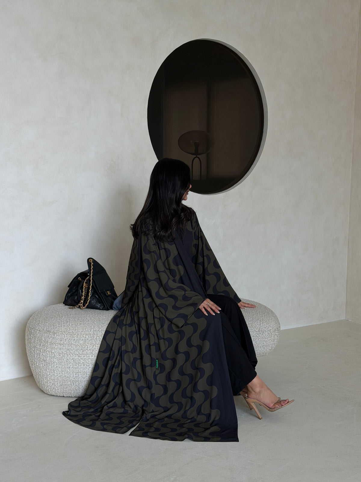 FAB343- Dark Olive and Black Waves Printed Straight-Cut Abaya and matching headscarf