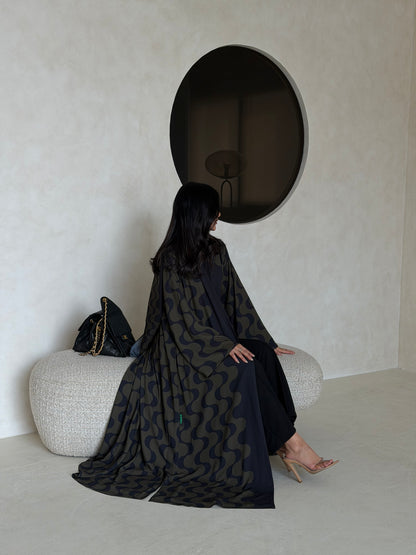 FAB343- Dark Olive and Black Waves Printed Straight-Cut Abaya and matching headscarf