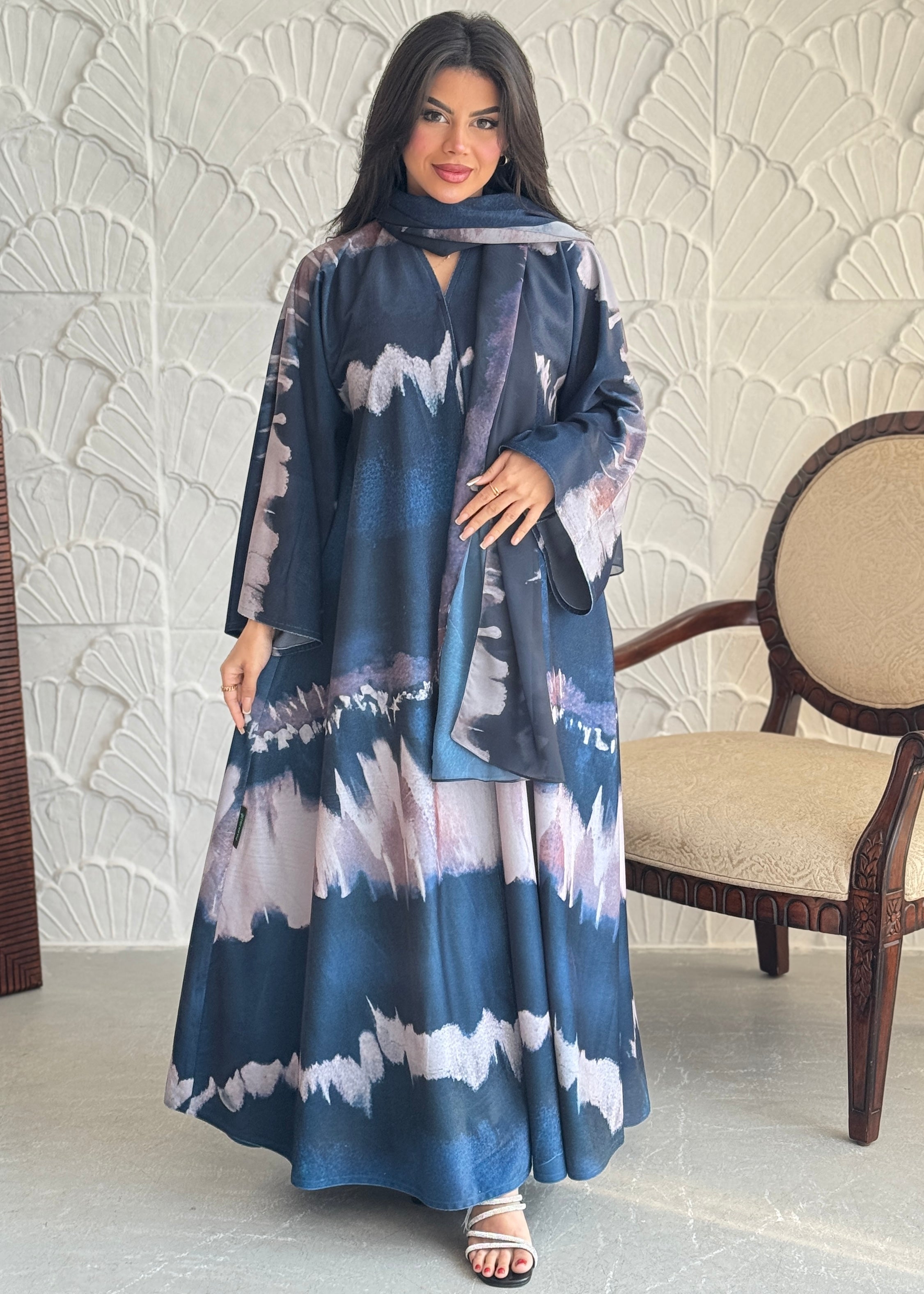 FAB239- Blue Patterned Printed Velvet A-Cut Abaya Set