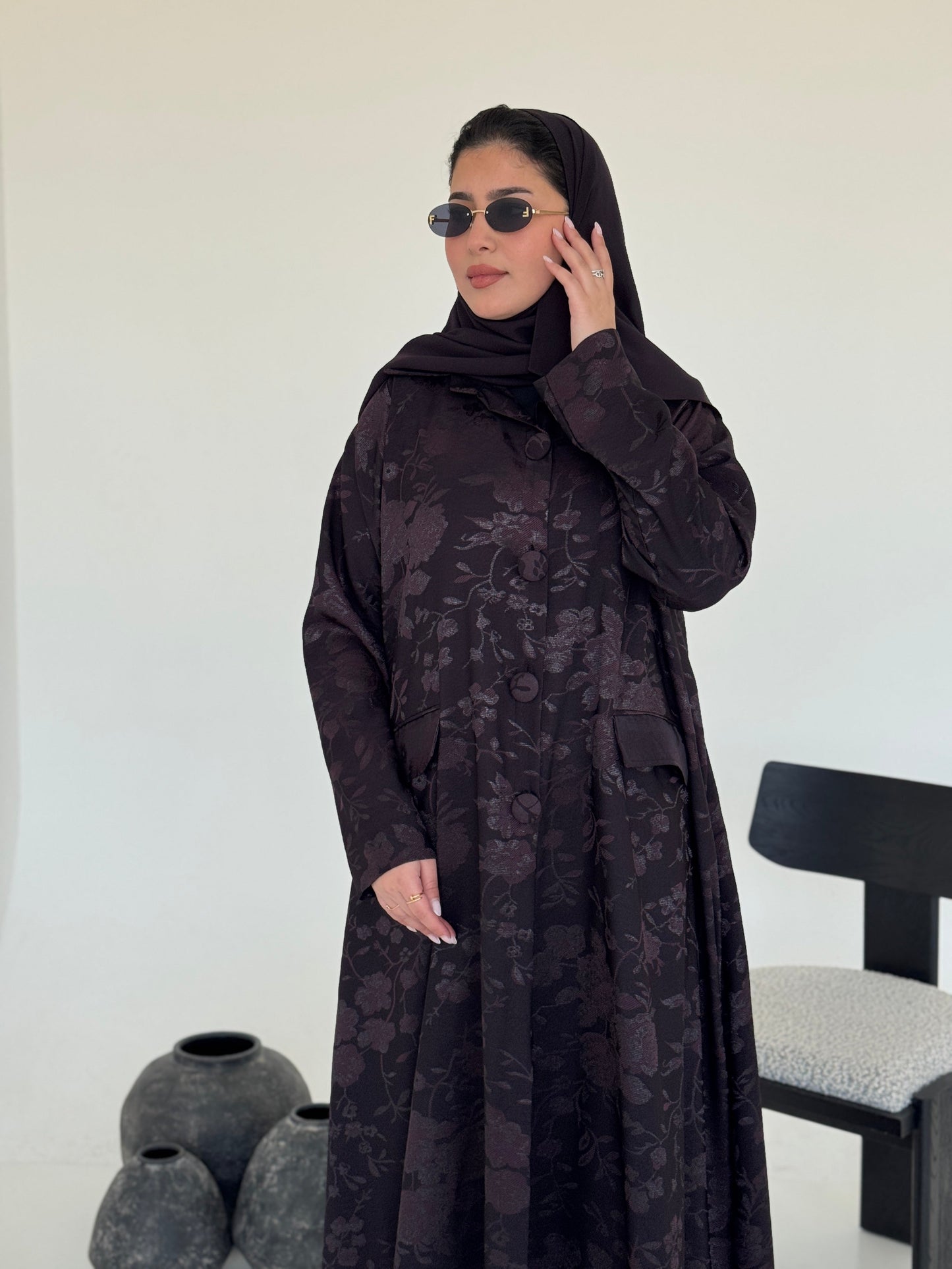 FAB237- Purple Floral Silk Jacquard Blazer A-Cut Abaya