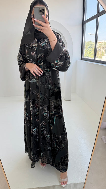 FAB232- Green Chiffon with Velvet Print Abaya with headscarf