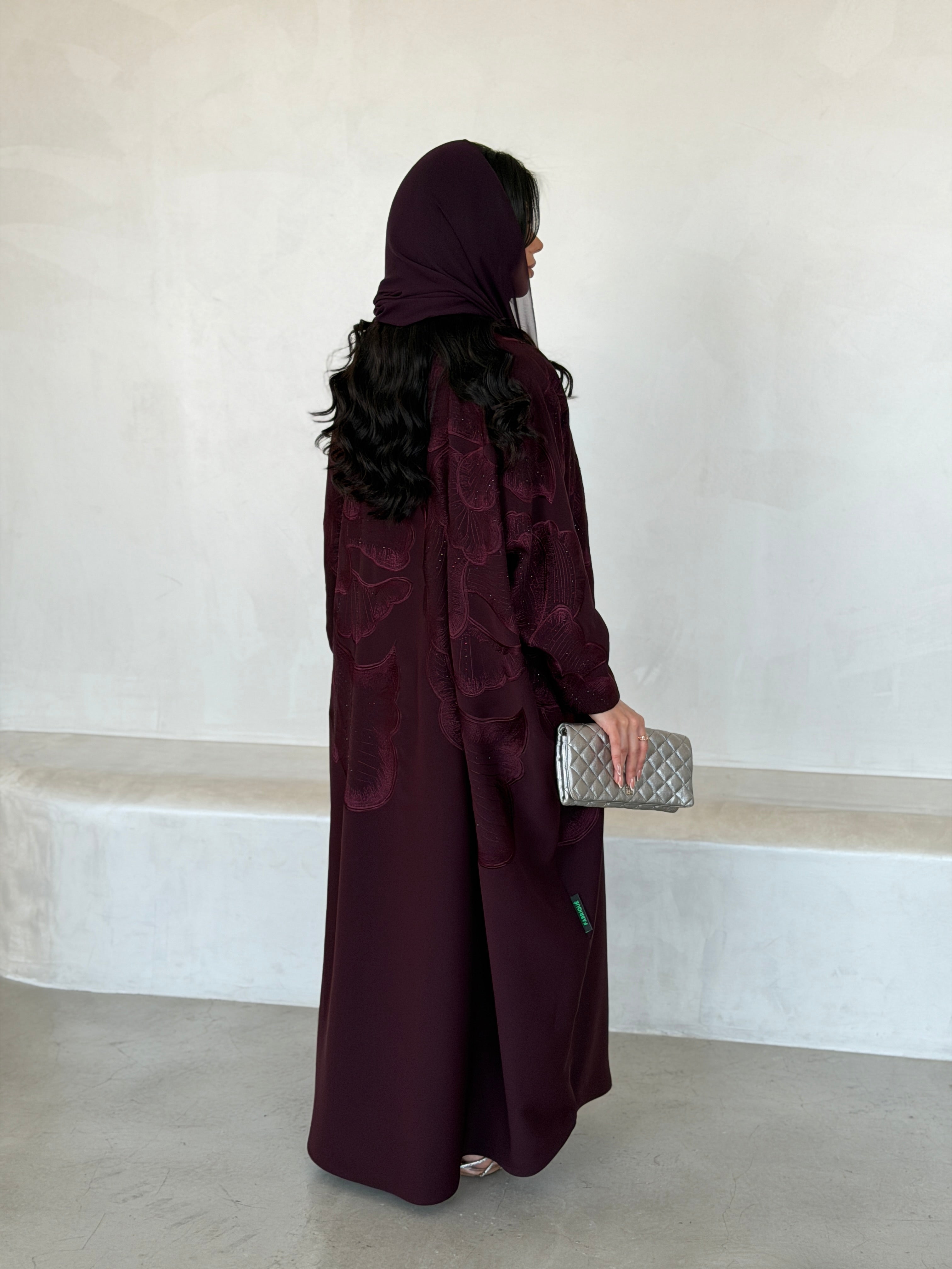 FAB297- Burgundy Crystal Embroidered Half Bisht Cut Crepe Abaya