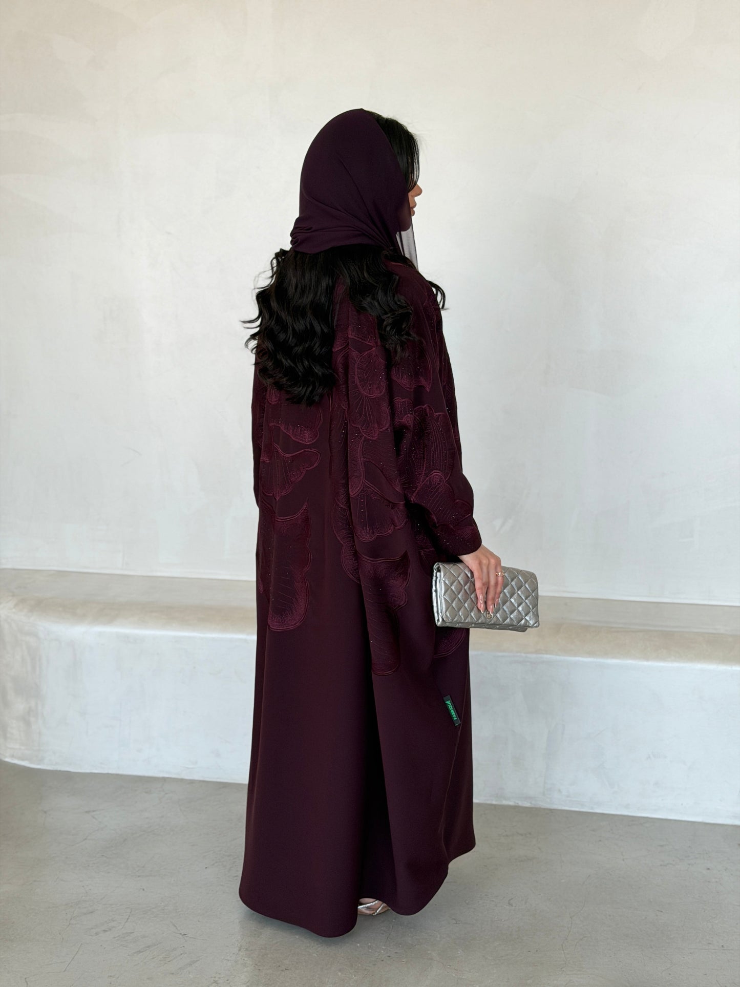 FAB297- Burgundy Crystal Embroidered Half Bisht Cut Crepe Abaya