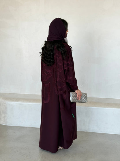 FAB297- Burgundy Crystal Embroidered Half Bisht Cut Crepe Abaya