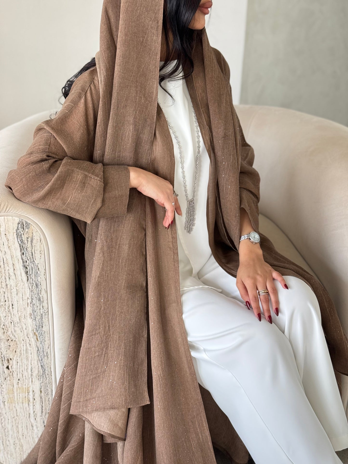 FAB170- Camel Linen Glitter A-Cut Abaya Set
