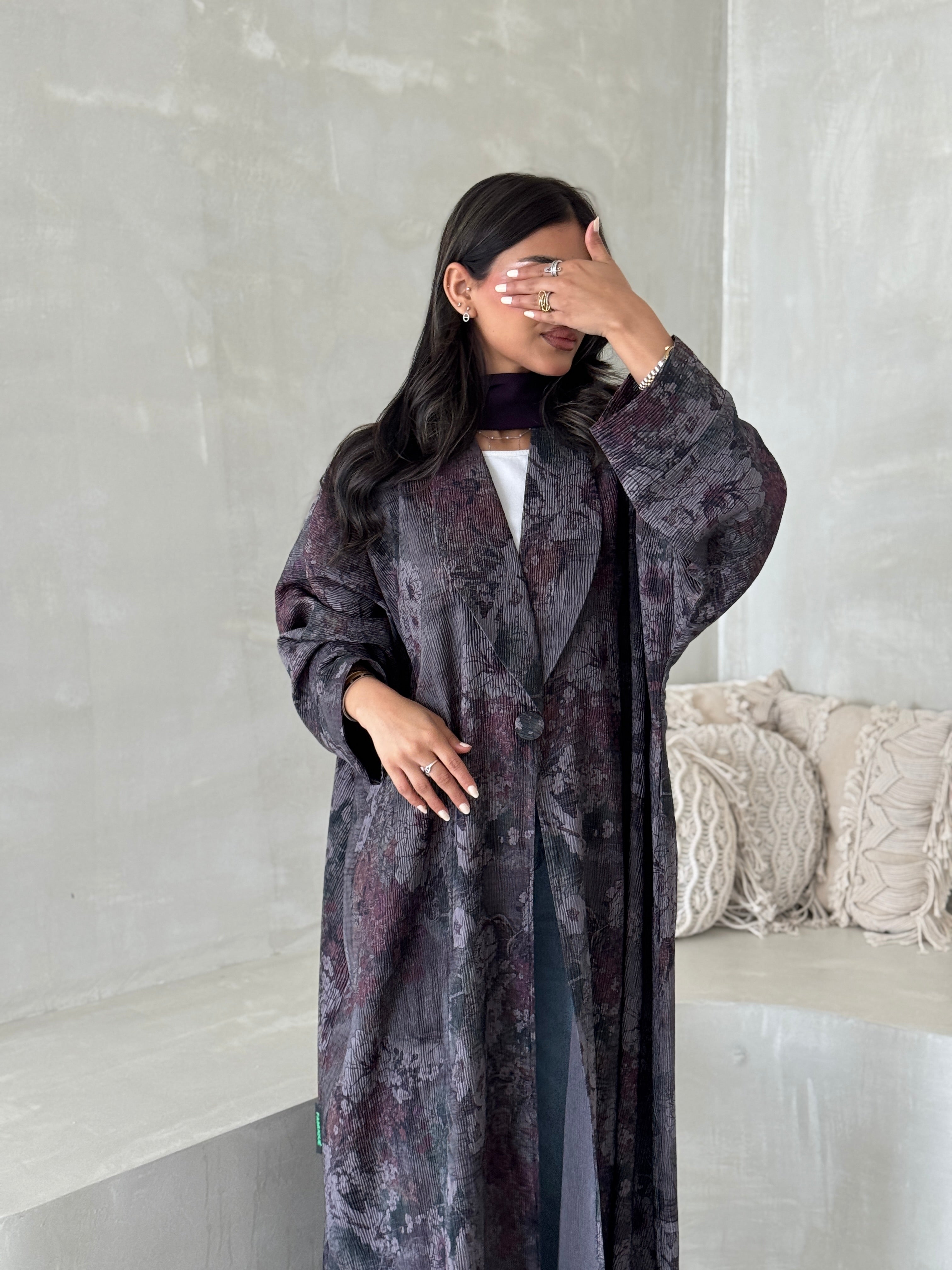FAB199-Grey Pleats Half-Bisht Summer Abaya with matching headscarf
