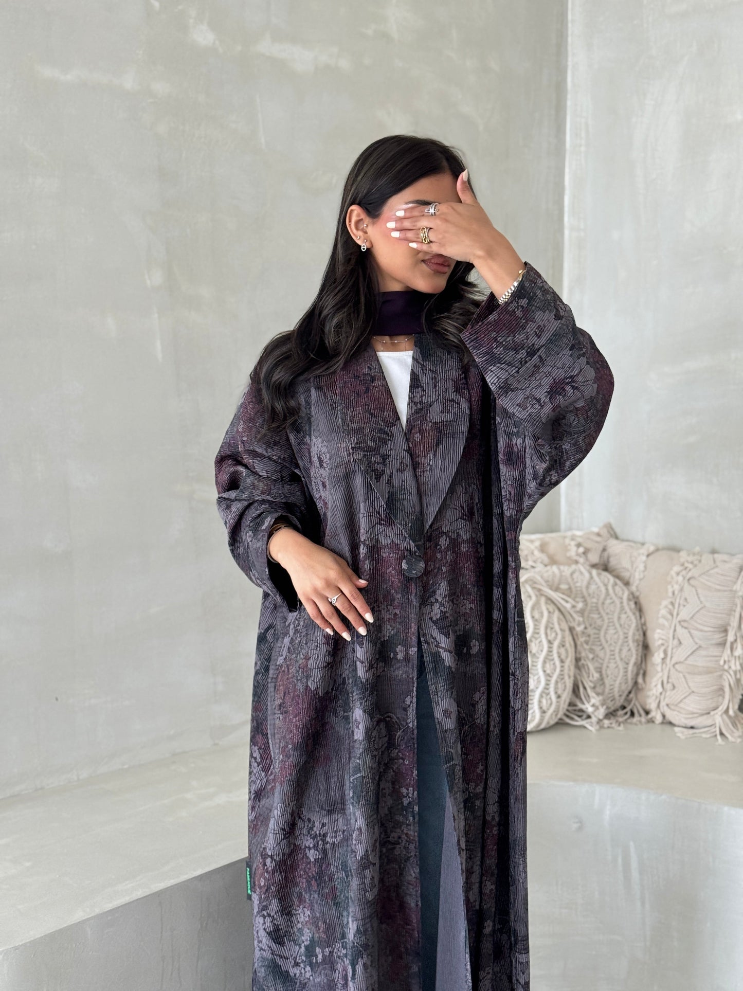 FAB199-Grey Pleats Half-Bisht Summer Abaya with matching headscarf