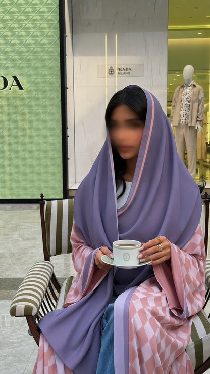 FAB316- Pink & Purple Checkered Print A-Cut Chiffon Silk Abaya