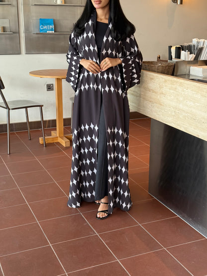 FAB334-White & Black Diamond Print Straight-Cut Abaya with Matching Headscarf